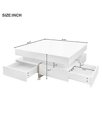 Rainsken Modern High Gloss Coffee Table, Multi-Storage Square Center Table with 4 Drawers and Wood Grain Legs for Living Room