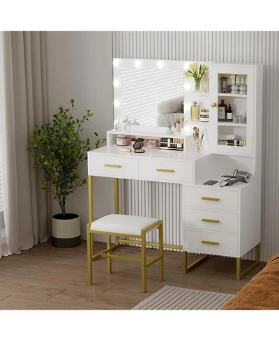 gaomon Makeup Vanity with Lights in 3 Colors, Vanity Table with Charging Station of 2 Usb Ports and Outlets, Vanity Desk with Large Mirror