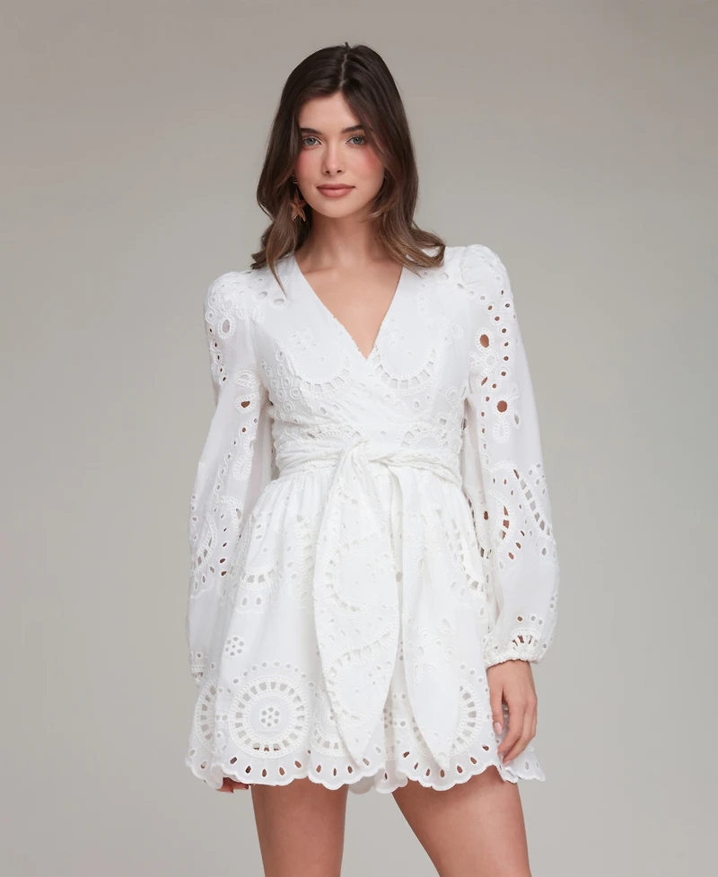 Avec Les Filles Women's Cotton Eyelet Long-Sleeve Romper