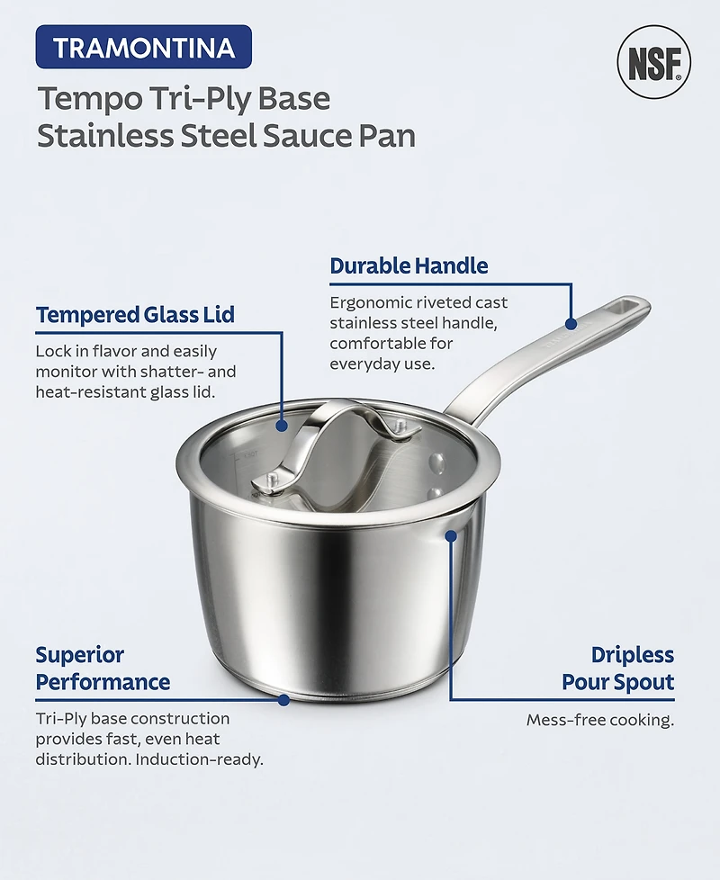 Tramontina Tempo Tri-Ply Base Stainless Steel 2-Quart Small Sauce Pan with Glass Lid