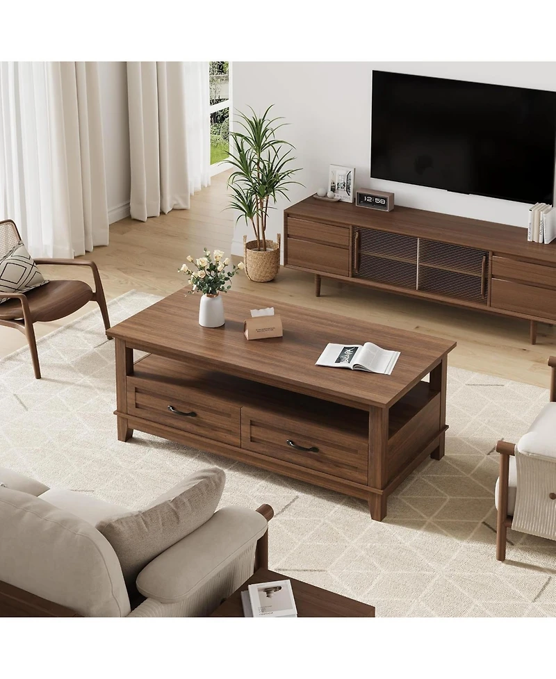 gaomon Farmhouse Coffee Table with Drawers, Center Rustic Tables Living Room Table, Open Shelf and 6 Support