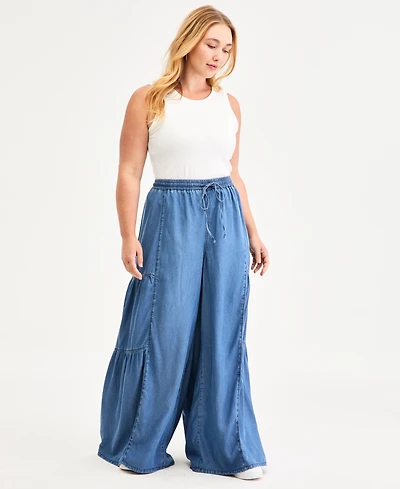 Madden Girl Trendy Plus Pull-On Wide-Leg Chambray Pants