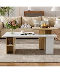 Rainsken Nesting Coffee Tables Set of 2, Rectangle Wood Finish Center Table with Rounded Corners and Shelf for Living Room