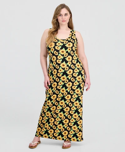 Full Circle Trends Trendy Plus Printed Ribbed Knit Sleeveless Maxi Dress