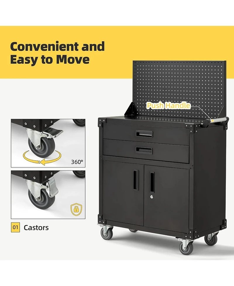 Aecojoy 52'' Work Bench for Garage with Pegboard Drawers and Cabinets Heavy Duty Metal Frame Tool Bench for Organizer Work Table with Wheels