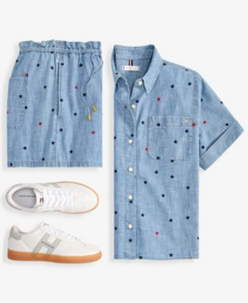 Tommy Hilfiger Womens Star Print Chambray Short Sleeve Shirt Shorts