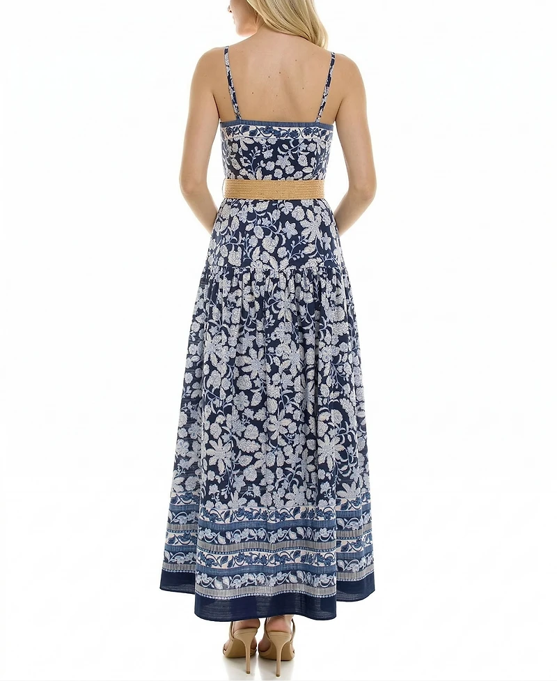 Taylor Women's Belted Drop Waist Square Neck Floral Dress