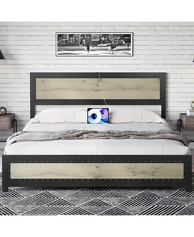 gaomon Solid Wood Platform Bed Frame with Usb/Ac Charging Station & No Box Spring Needed