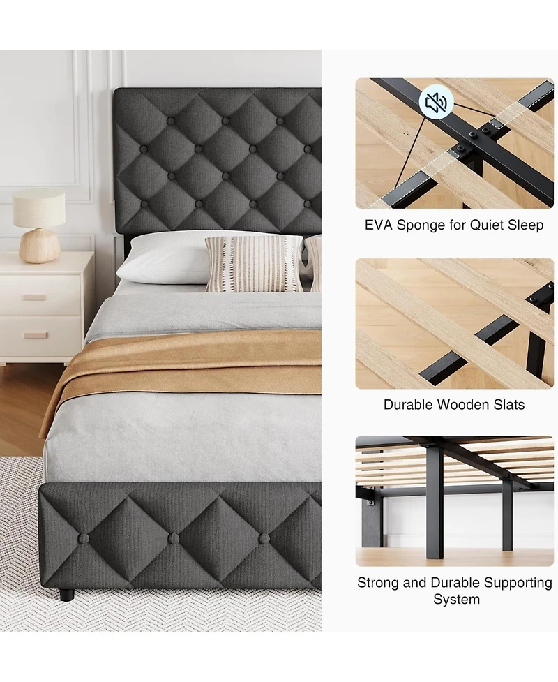 gaomon Bed Frame with 4 Drawers Linen Upholstered Platform Headboard Slat Support