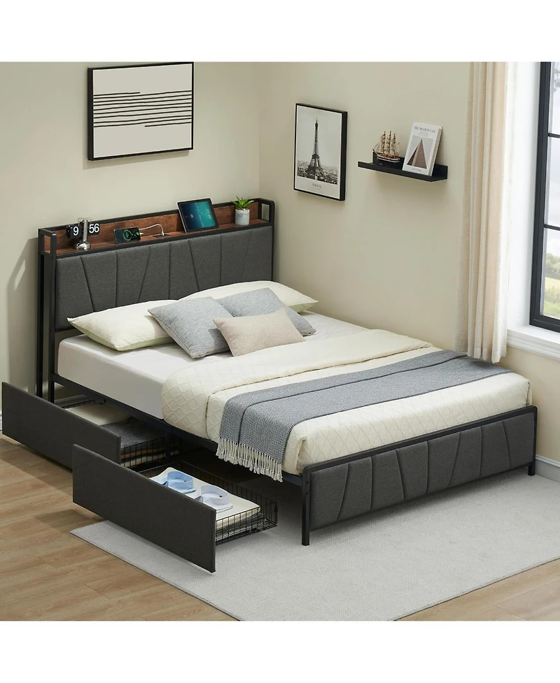 gaomon Bed Frame with 2 Drawers Storage Headboard Charging Station No Box Spring Needed