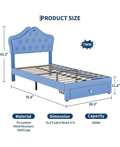 gaomon Twin Bed Frame with Led Lights Velvet Crystal Button Headboard Storage Drawer No Box Spring