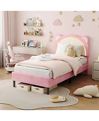 gaomon Twin Velvet Upholstered Bed Frame with Smart Led Headboard, Wooden Slats, Platform Design, No Box Spring Required