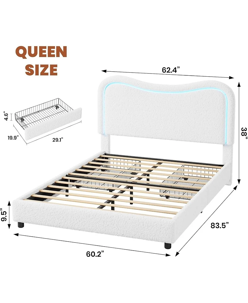 gaomon Boucle Queen Platform Bed Frame with 2 Storage Drawers, Led Upholstered Headboard, Wood Slats, Kids/Teens