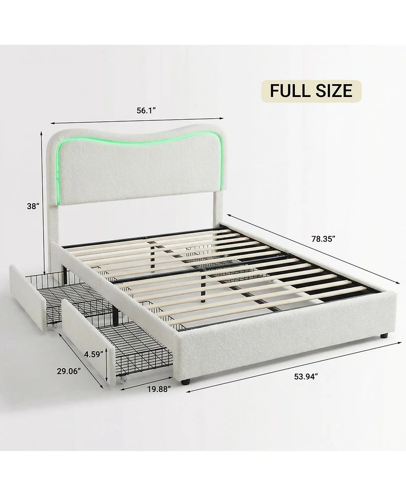gaomon Platform Bed with Led Headboard, 2 Storage Drawers, Upholstered, Sturdy Wood Slats, Noise-Free