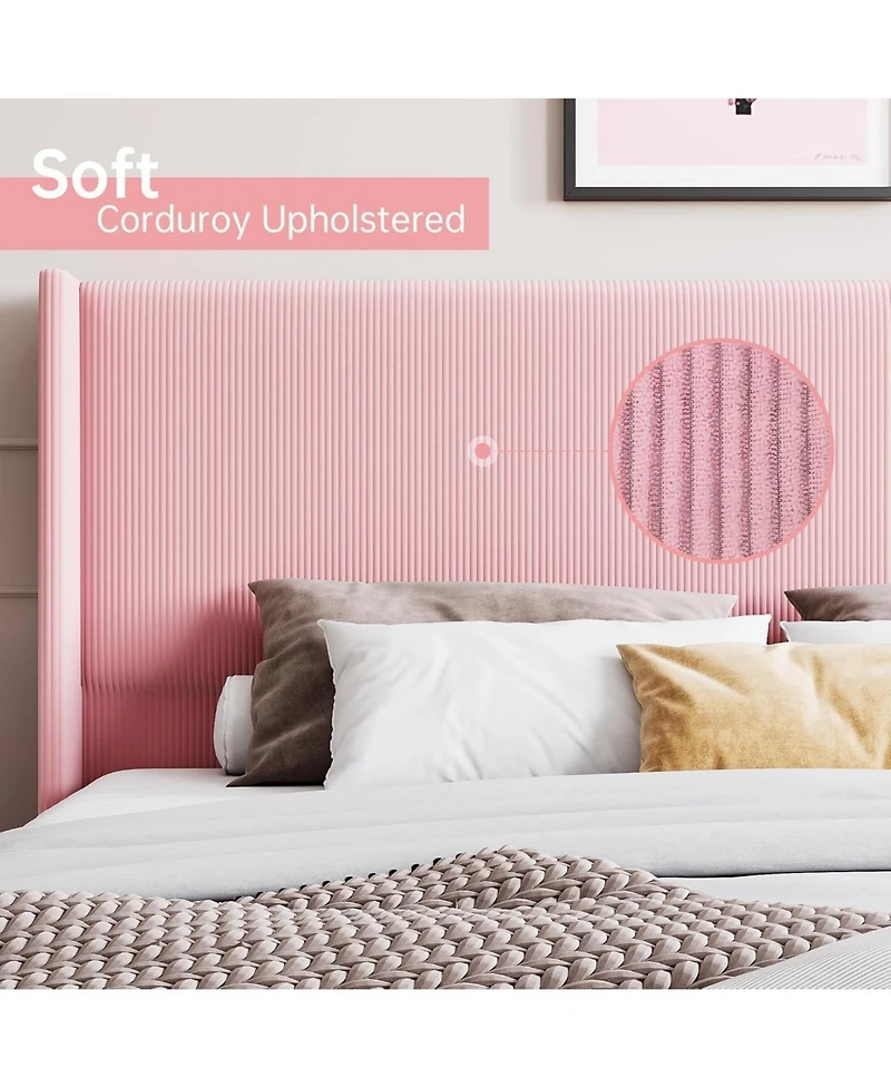 gaomon Queen Corduroy Upholstered Platform Bed, Channel Tufted Wingback Headboard, Strong Slats, Easy Assembly