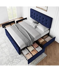 gaomon Platform Bed Frame with 4 Storage Drawers, Velvet Tufted Headboard, Wooden Slats No Box Spring