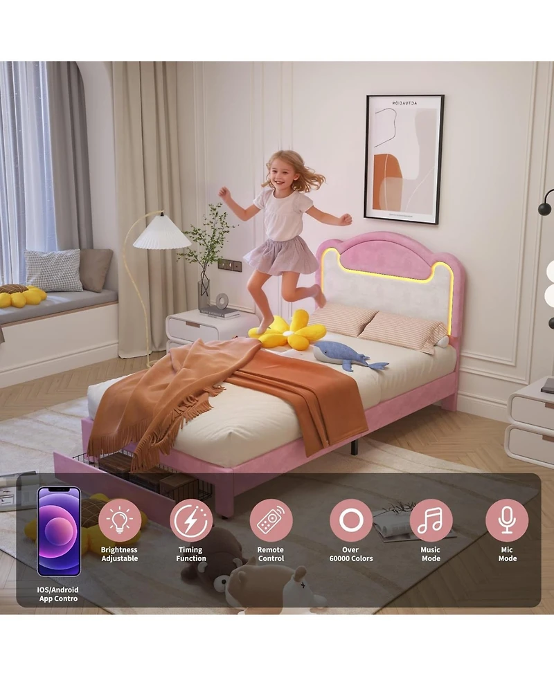 gaomon Twin Upholstered Bed Frame with Led and Storage Drawers, Fabric Headboar, Princess Design