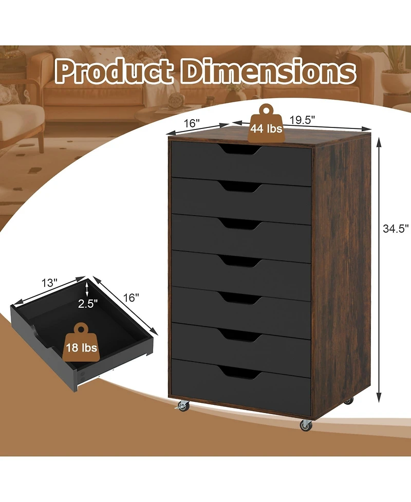 Sugift Seven Drawer Wooden Storage Dresser with Lockable Wheels