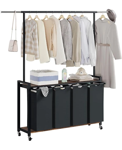 Gaomon Rolling Laundry Sorter Hamper 4 Section Basket with Hanging Rack Plus Wheels Organizer for Laundry Room Rustic