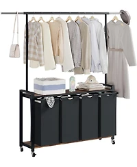 Gaomon Rolling Laundry Sorter Hamper 4 Section Basket with Hanging Rack Plus Wheels Organizer for Laundry Room Rustic