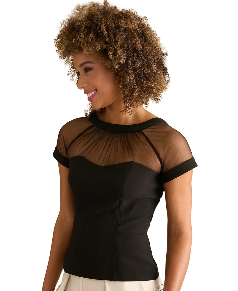 Muse Women's Illusion Mesh Yoke and Sleeve Crewneck Top