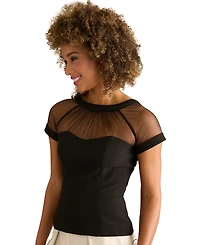 Muse Women's Illusion Mesh Yoke and Sleeve Crewneck Top