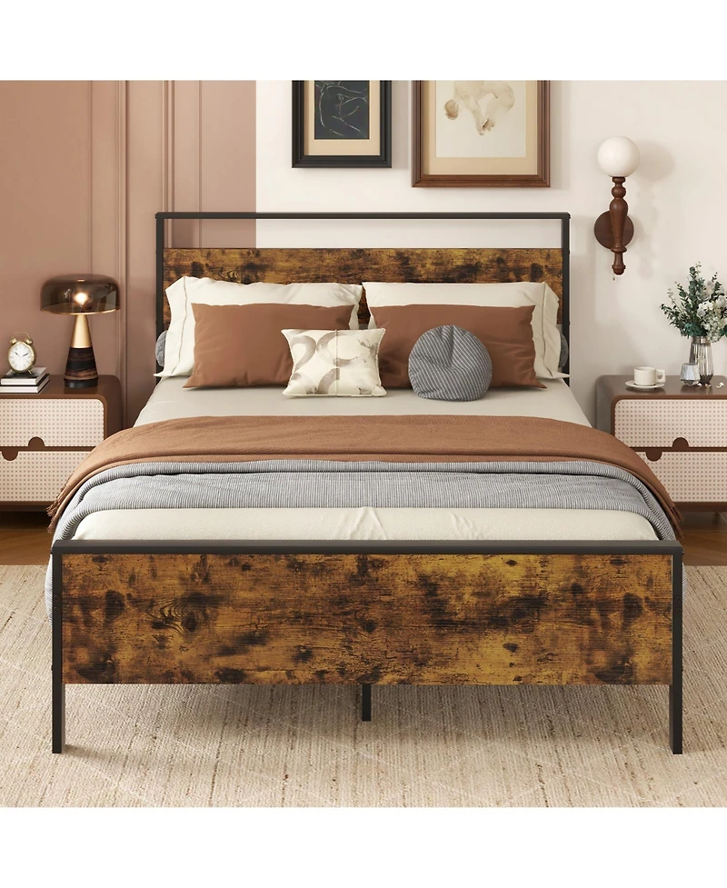 Sugift Industrial Metal Platform Bed with Wooden Headboard