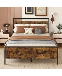 Sugift Industrial Metal Platform Bed with Wooden Headboard
