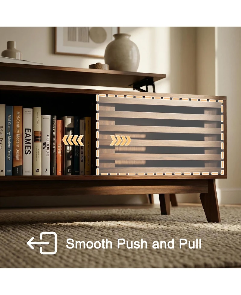 Rainsken Lift Top Coffee Table with Storage, Mid Century Modern Center Table with Sliding Slatted Door and Hidden Compartment for Living Room