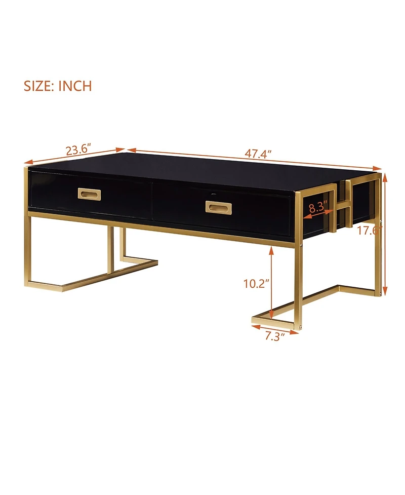 Rainsken Rectangular Coffee Table, Modern 47.4" Center Table with 4 Drawers and Gold Metal Base for Living Room, Home Office