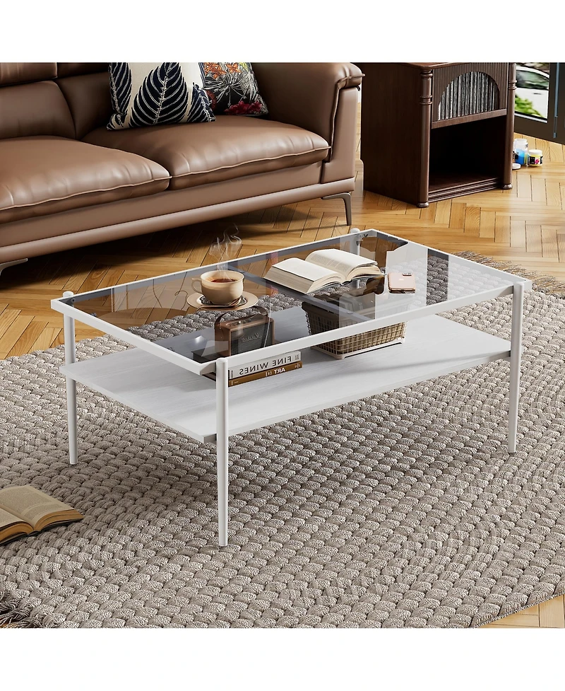 Rainsken Rectangle 2 Tier Coffee Table, Center Table with Gray Tempered Glass Top and Wood Storage Shelf for Living Room, Small Space