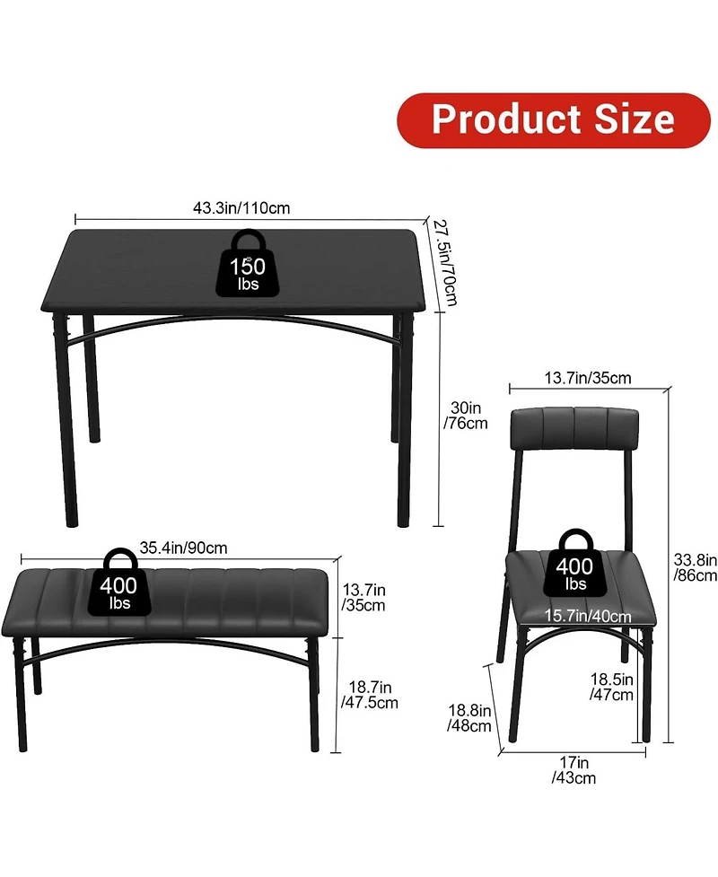 gaomon 5 Piece Dining Set for 4, Rectangular Metal Frame Table with Bench & Upholstered Chairs, Space Saving Dining Set