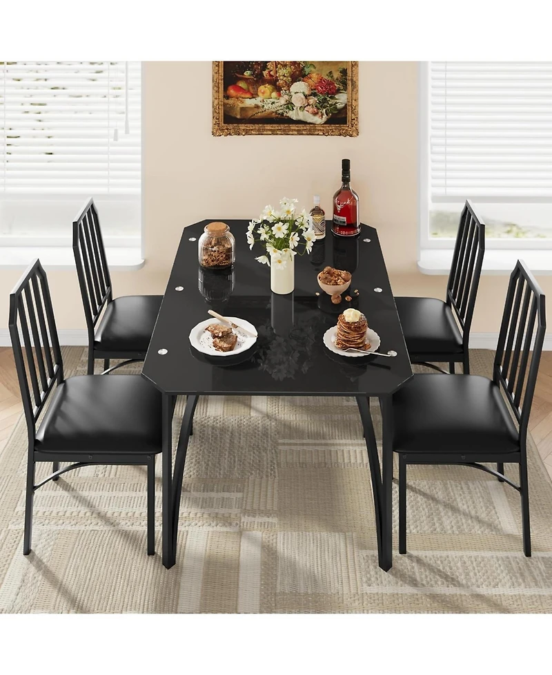 gaomon 5-Piece Dining Table Set for 4, Glass Tabletop, Chamfer Design, Cushion Seats, Kitchen or Dining Room