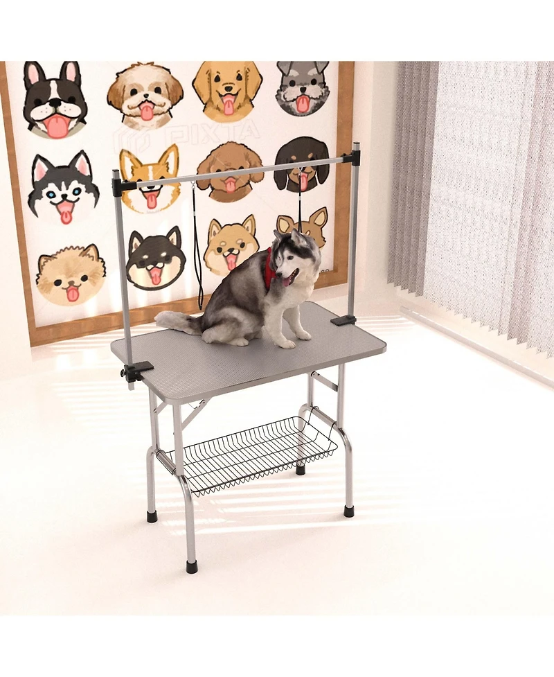 Aostirmotor 46" Silver-Gray Folding Pet Grooming Table with Stainless Steel Frame and Adjustable Arm