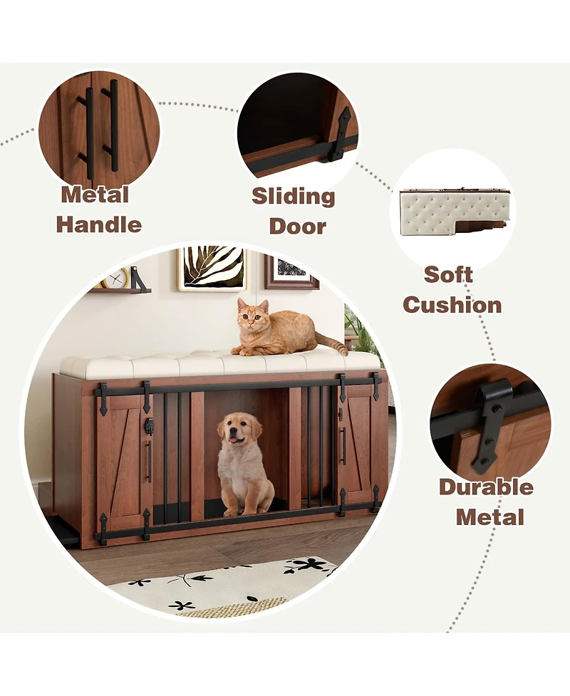 Aostirmotor 56" Walnut 2-in-1 Dog Crate Furniture with Padded Seat and Sliding Barn Door
