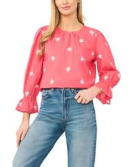 CeCe Women's Embroidered Shirred Neck Cotton Blouse