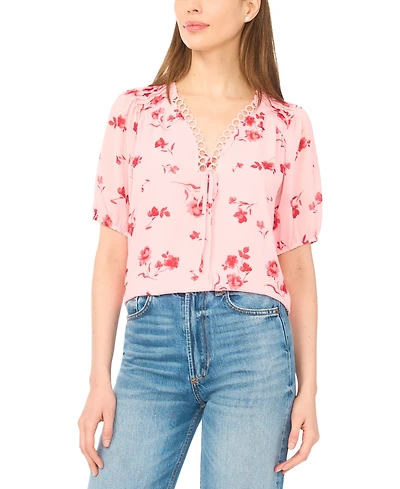 CeCe Women's Floral V-Neck Pintuck Blouse