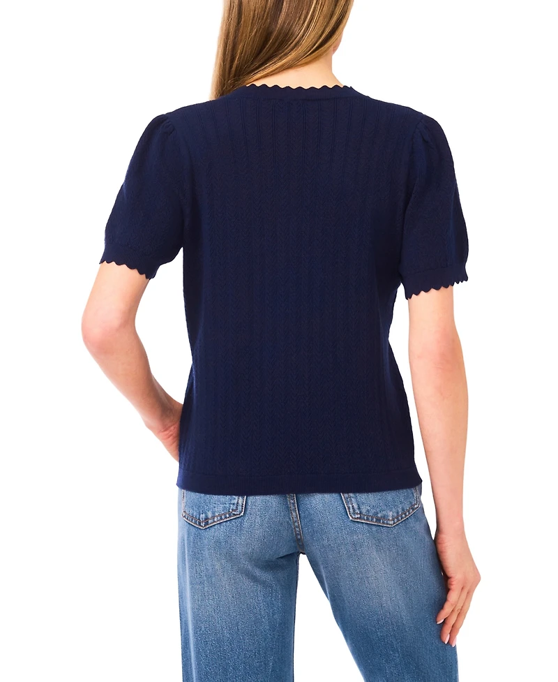 CeCe Women's Crew Neck Pointelle Sweater