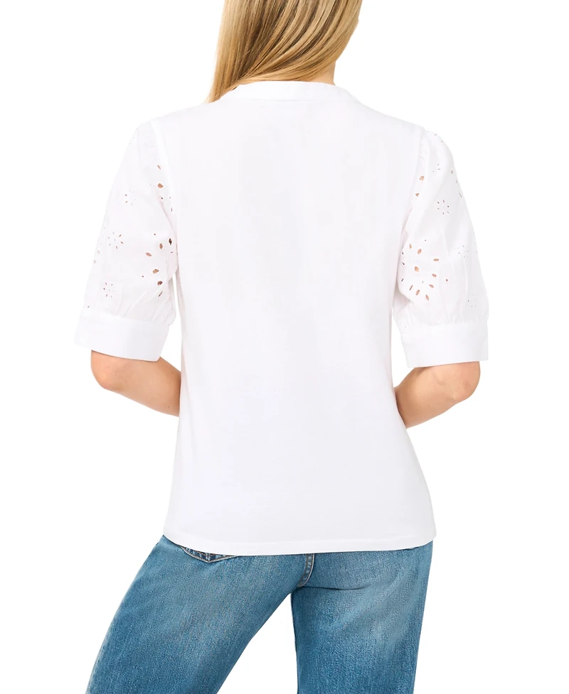 CeCe Women's Henley Puff-Sleeve Cotton Top