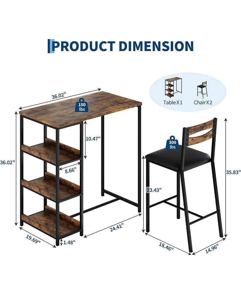 gaomon 3-Piece Kitchen Table Set with Storage Shelves & 2 Upholstered Chairs, Space-Saving Iron & Wood Set for Apartments