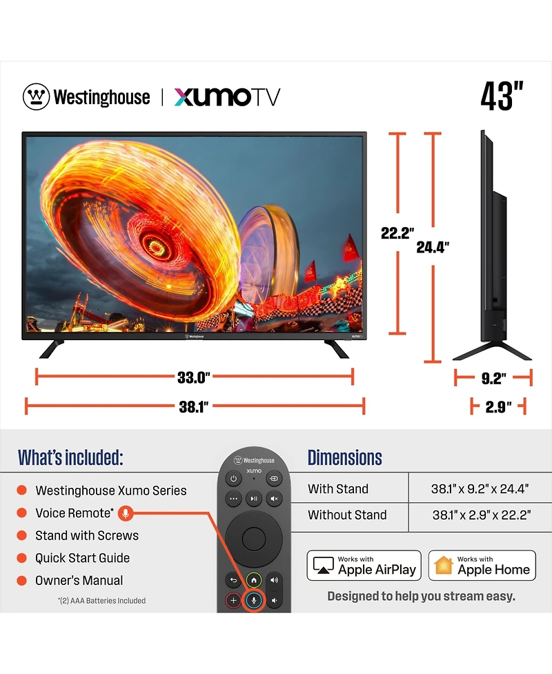 Westinghouse 43" Full Hd 1080p Xumo Smart Tv w/ Apple AirPlay, HomeKit & Voice Remote