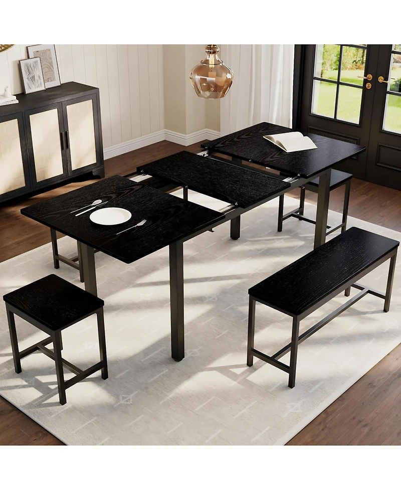 gaomon 5-Piece Extendable Dining Set, Table, 2 Benches & 2 Stools, Industrial Room Furniture for 4-8 People