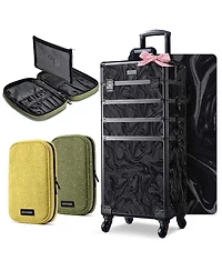 Byootique 4in1 Rolling Makeup Case with 2 Makeup Brush Bag, Cosmetic Train Case on Wheels for Makeup Artist Travel Hairstylist