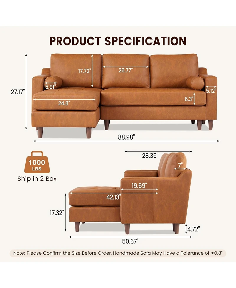gaomon 88.9" L-Shaped Leather Sofa with Chaise, Mid-Century Modern 3-Seater Couch