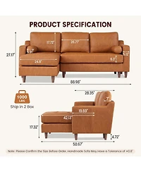 gaomon 88.9" L-Shaped Leather Sofa with Chaise, Mid-Century Modern 3-Seater Couch