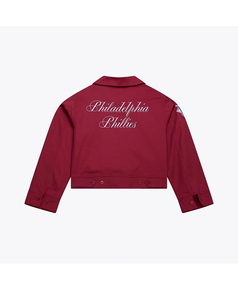 Mitchell & Ness Women's Burgundy Philadelphia Phillies Script Mechanic Cropped Full-Zip Jacket