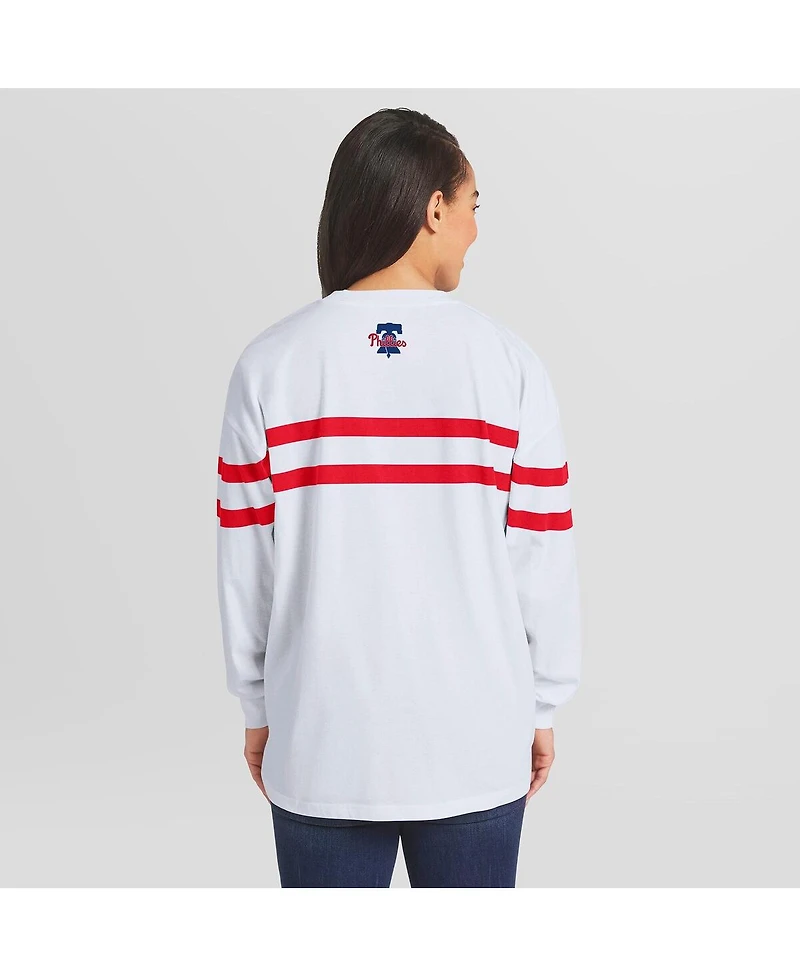Wear by Erin Andrews Women's White Philadelphia Phillies Oversized Long Sleeve Striped T-Shirt