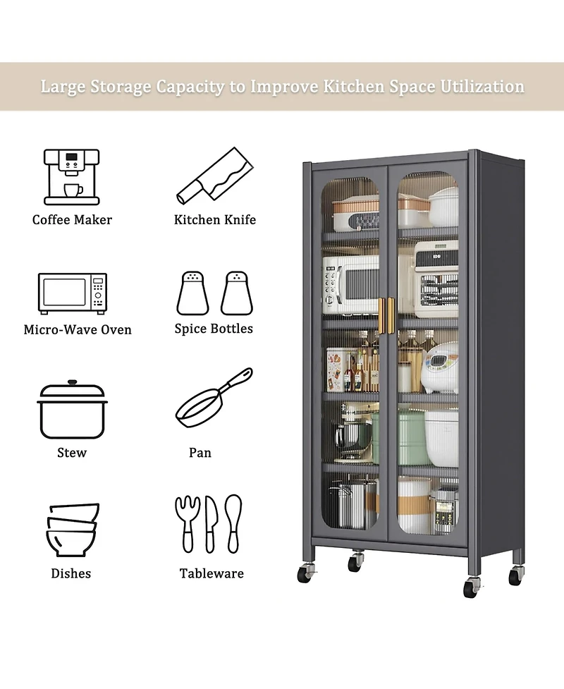 Rainsken 5 Tier Metal Display Storage Cabinet with Transparent Door, Adjustable Shelves and Wheels, Food Pantries Cabinets for Kitchen