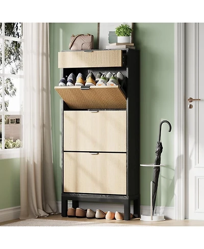 gaomon Shoe Storage Cabinet with 3 Flip Drawers Fluted Organizer Metal Legs Slim Entryway Rack