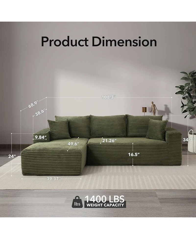 gaomon 108-Inch Cloud Sectional Couch with L-Shape Chaise- Modern Plush Corduroy Sofa for Living Room